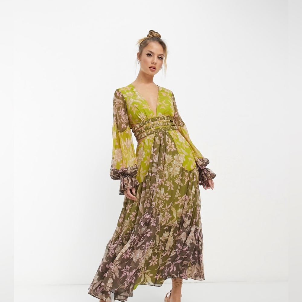 ASOS DESIGN ruched waist detail midi dress with blouson sleeve in green floral
